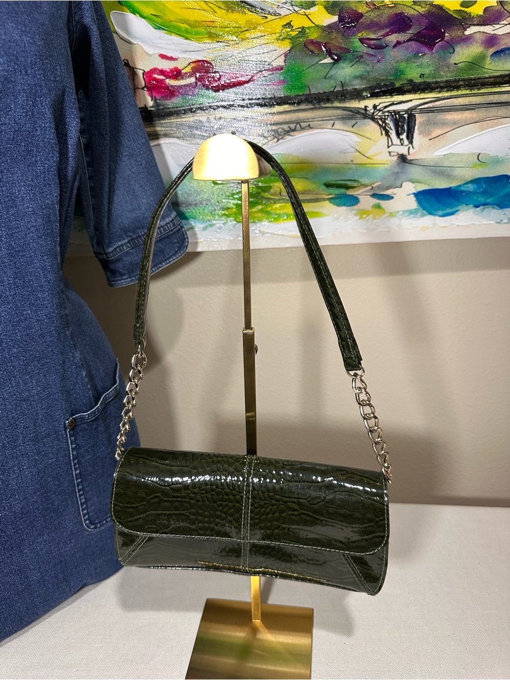 Liz Claiborne Dark Green Croc-Embossed Shoulder Clutch NWOT!!